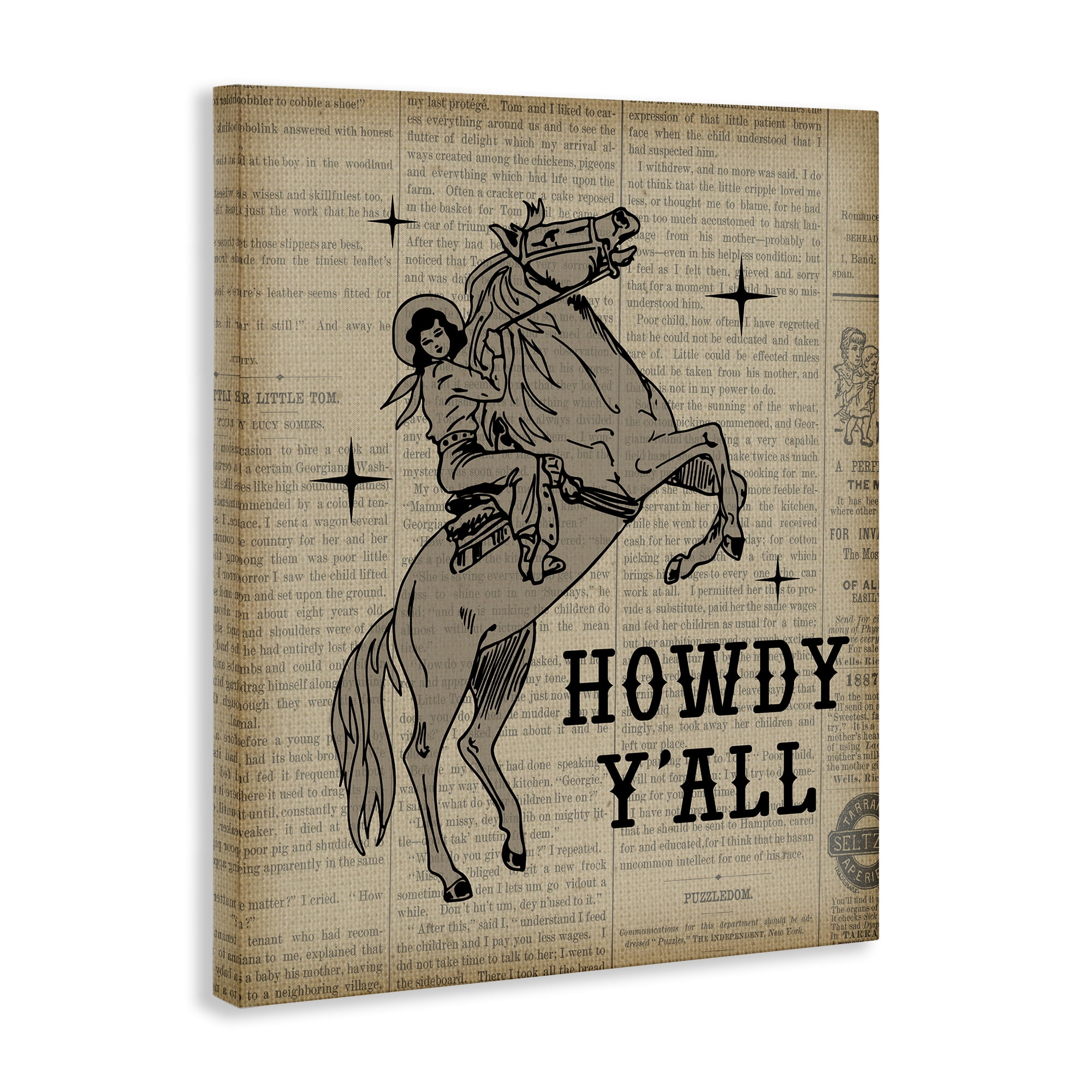 Stupell Industries Howdy Y'all Vintage Newspaper Animals Painting Wrapped Canvas Art Print Wall Art, 36 x 48