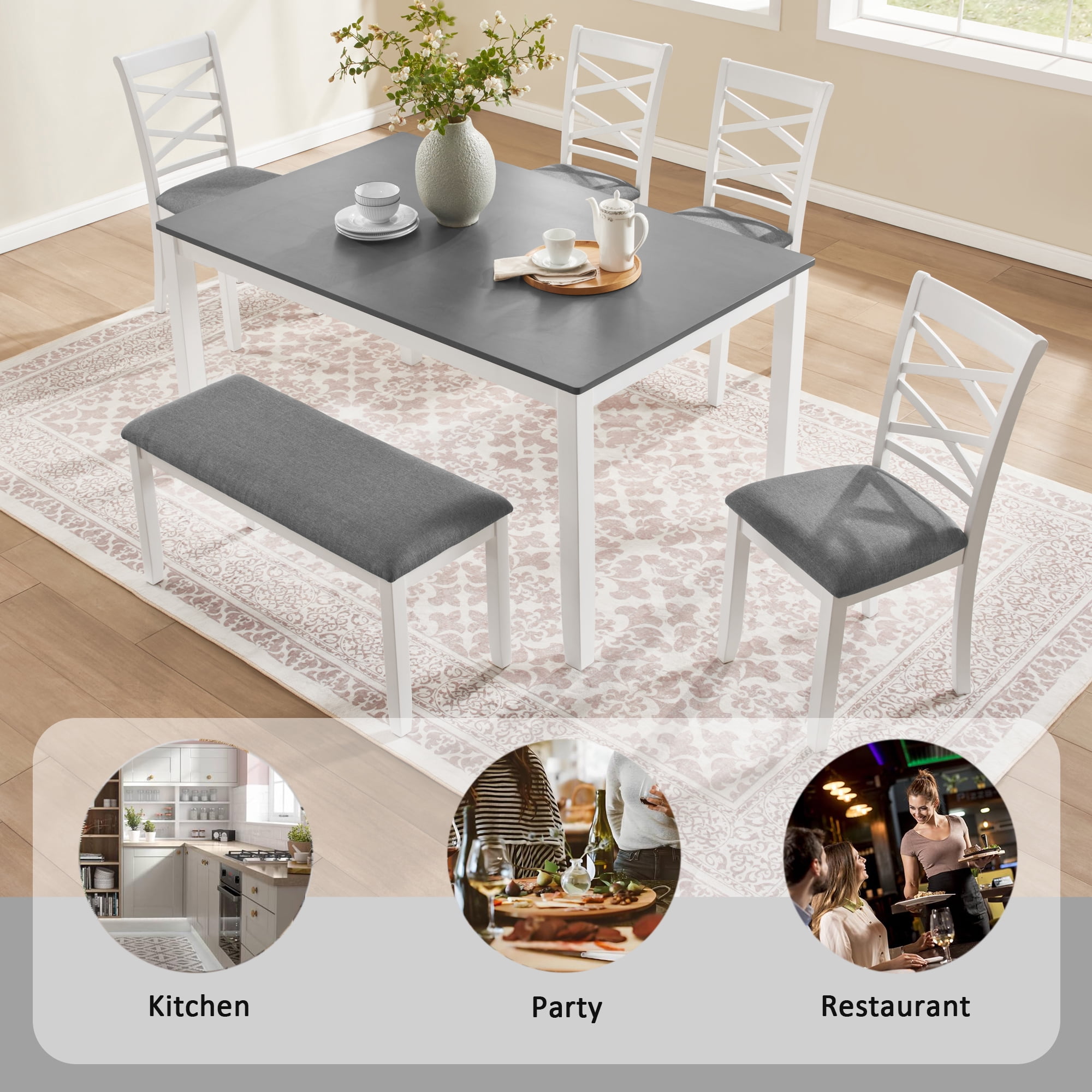 6-Piece Dining Table Set for 6, 58.5" Rectangular Dining Table with 4 Upholstered Chairs and Bench