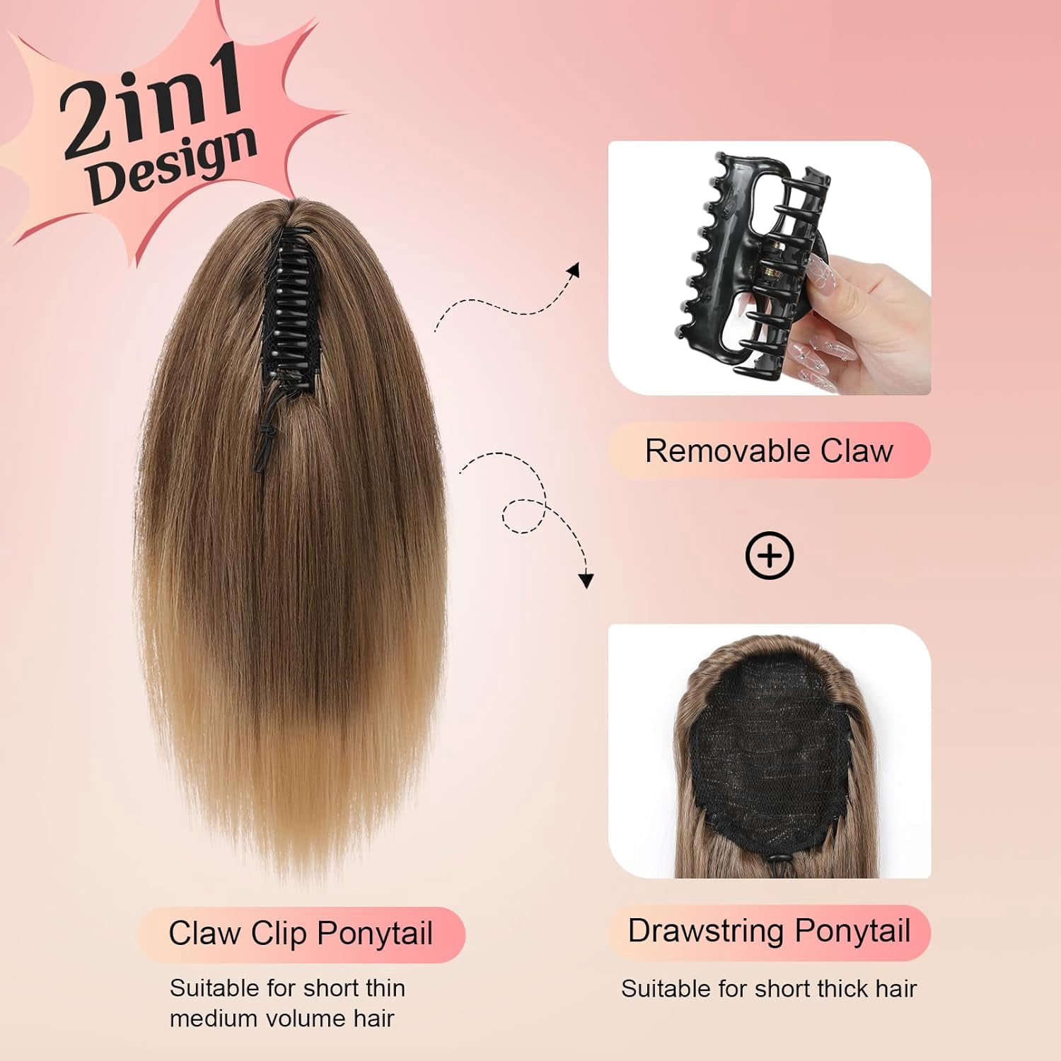 Ponytail Extension,  14" Short Claw Clip in Ponytail Straight for Short Hair Multi-Layered Fake Pony Tails Hair Extensions Heat-Resistant Hair Extensions Warm
