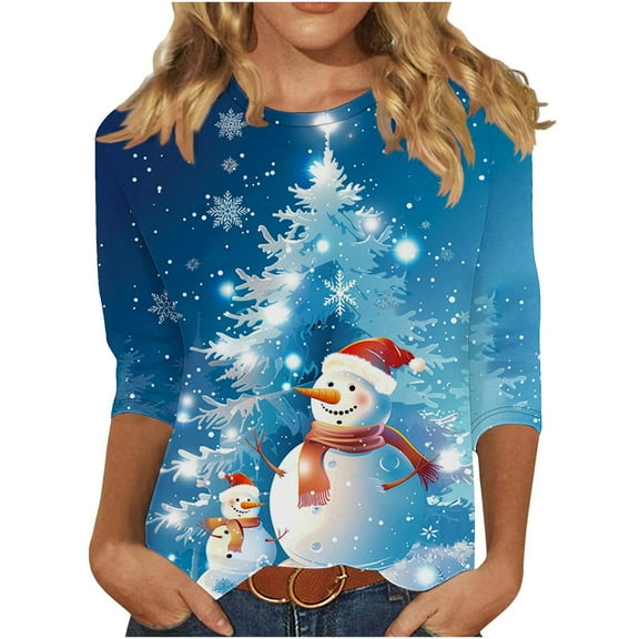 ShiShine Christmas Shirts for Women 3/4 Sleeve Tunic Tops Glitter Xmas Print Tshirt Crewneck Pullover Blouses Tees