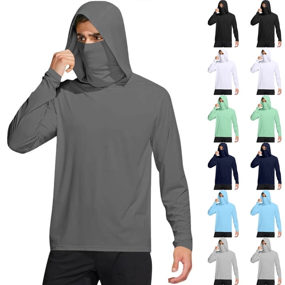 Men's UPF 50 Sun Protection Long Sleeve Hooded Shirt with Mask for Spring Fall Hiking Fishing Outdoor,Black,L