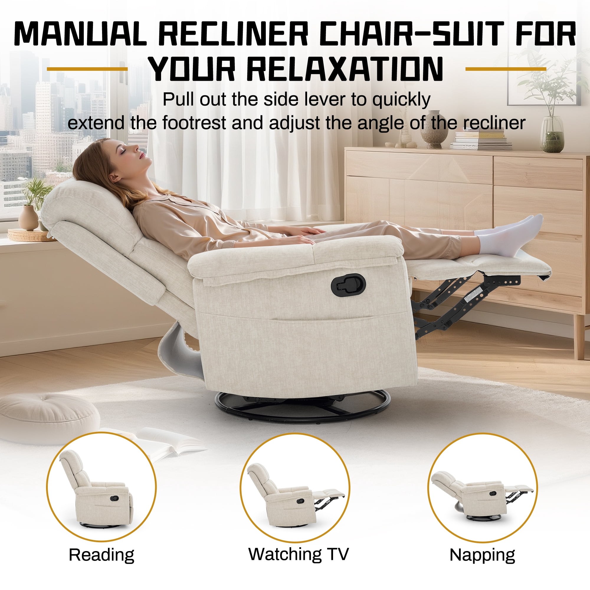 Korser 360°Swivel Recliner Chair for Adults with Side Pockets,Small Rocking Recliner for Small Spaces for Living Room,Nursery,Beige