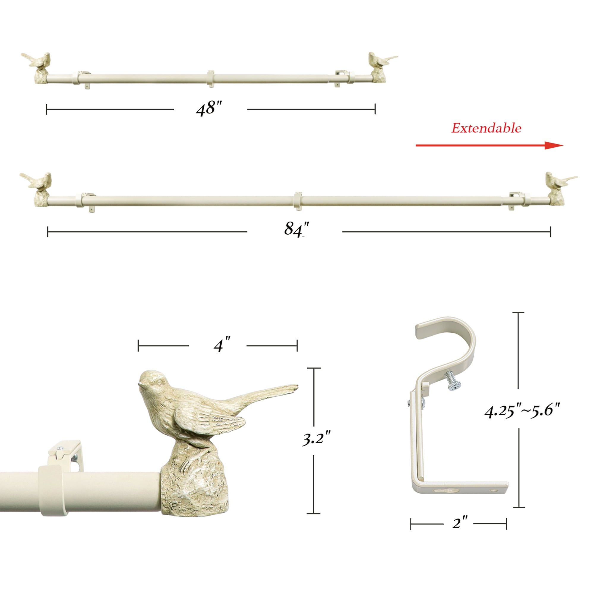MERIVILLE 1" Single Curtain Rod Set, Adjustable 48-84 Inches, Bird Finials, Country White