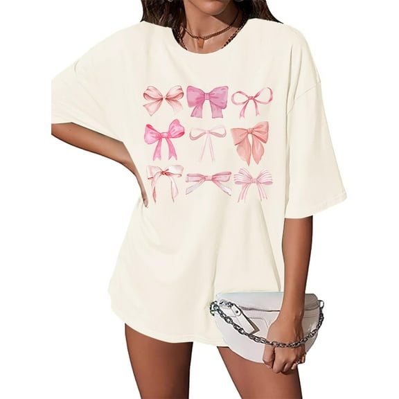 KimSoong Womens Bow Shirt Coquette Aesthetic T-Shirt Trendy Pink Bow Girly Tee Watercolor Pastel Bow Oversized Tops