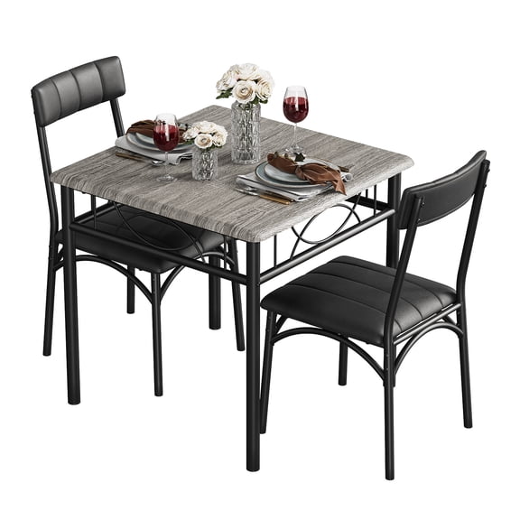 3-Piece Industrial Dining Table Set for 2 – Wooden Table & 2 PU Leather Padded Chairs with Metal Frame – Space-Saving for Small Apartments & Kitchens