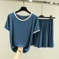 thumbnail image 2 of AWZXDE Women's Summer Solid Color Pajama Set Short Sleeve Round Neck Top with Comfortable Shorts Sleepwear BU2,L, 2 of 3