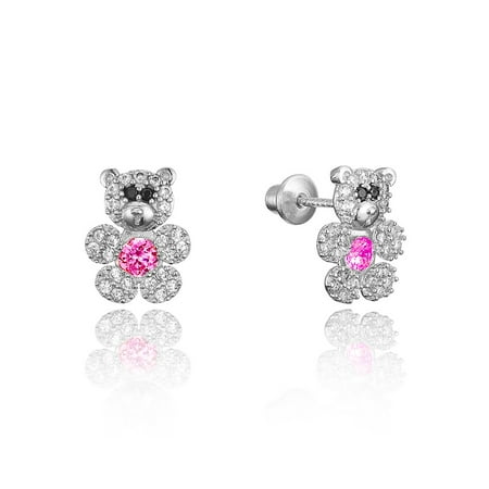 Silver Plated Teddy - Sterling Silver Rhodium Plated Teddy Bear Cubic Zirconia Screwback Baby Girls Earrings