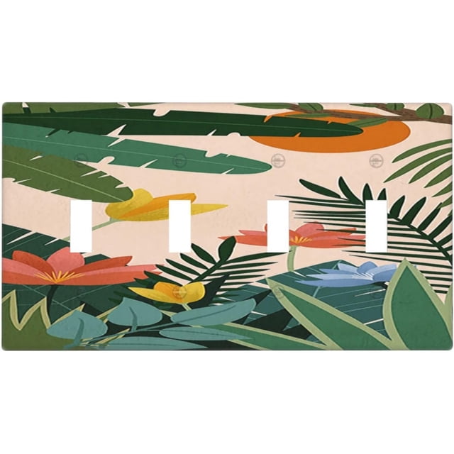 Light Switch Covers Boho Tropical Plant Floral Pattern Quad Toggle Electrical Faceplate 4 Gang Wall Plate Decorative Switch Plates for Bedroom Cabin Decor