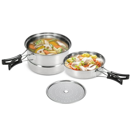 3Pcs Camping Cookware Set Stainless Steel Pot Frying Pan Steaming Rack Outdoor Home Kitchen Cooking