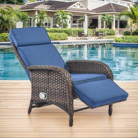 POCASSY Outdoor Recliner Chair, Adjustable Reclining Patio Chair with Cushion, Wicker Outdoor Chaise Lounge with Adjustable Backrest and Footrest, Ideal for Pool Deck, Blue