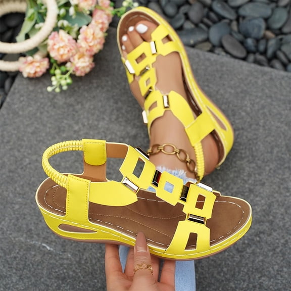 Bkhluea Women Elastic Slingback Wedge Sandals Geometric Metal Buckle Shoes Comfortable For Casual Travel Daily Walking