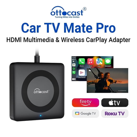Ottocast Car TV Mate Pro 2K HDMI Input Converter for OEM CarPlay Car , 2 in 1 , Wireless Carplay Adapter, for Fire TV Stick
