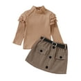 thumbnail image 1 of hirigin Toddler Girl Autumn Clothes Set, Ruffled Long Sleeve High Neck Solid Ribbed Pullover + Plaid Print Skirt with Belt, 1 of 9