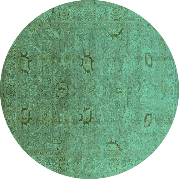 Ahgly Company Machine Washable Indoor Round Oriental Turquoise Blue Industrial Area Rugs, 8' Round