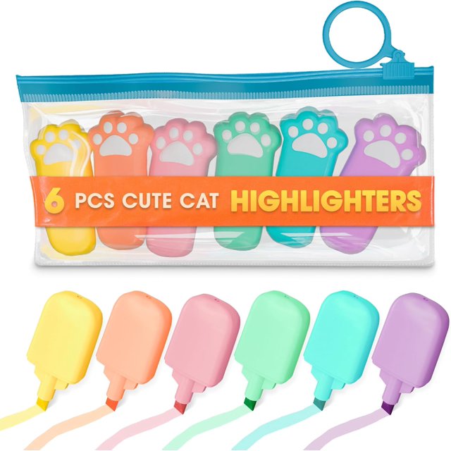6-Pack Cute Cat Highlighters with Paw Sleeves - Mini Fluorescent Markers in Soft Pastel Colors, Perfect for Creative Projects, Journaling & Office Tasks, Compact Size Brightens Any Work