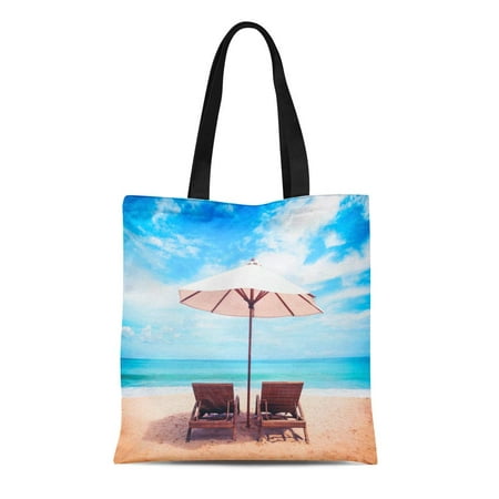 ASHLEIGH Canvas Bag Resuable Tote Grocery Shopping Bags Beautiful Beach Chairs on the Sandy Near ...