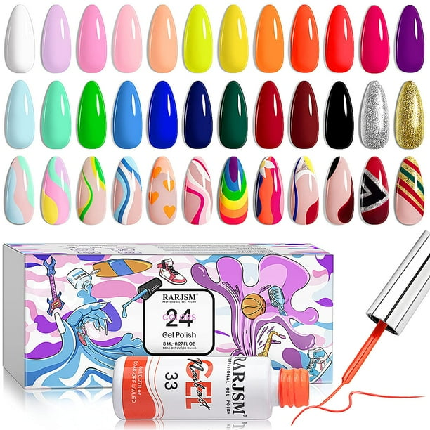 Set de esmaltes en gel para decoración de uñas RARJSM, 24 colores, 8 ml, UV o LED, remojo
