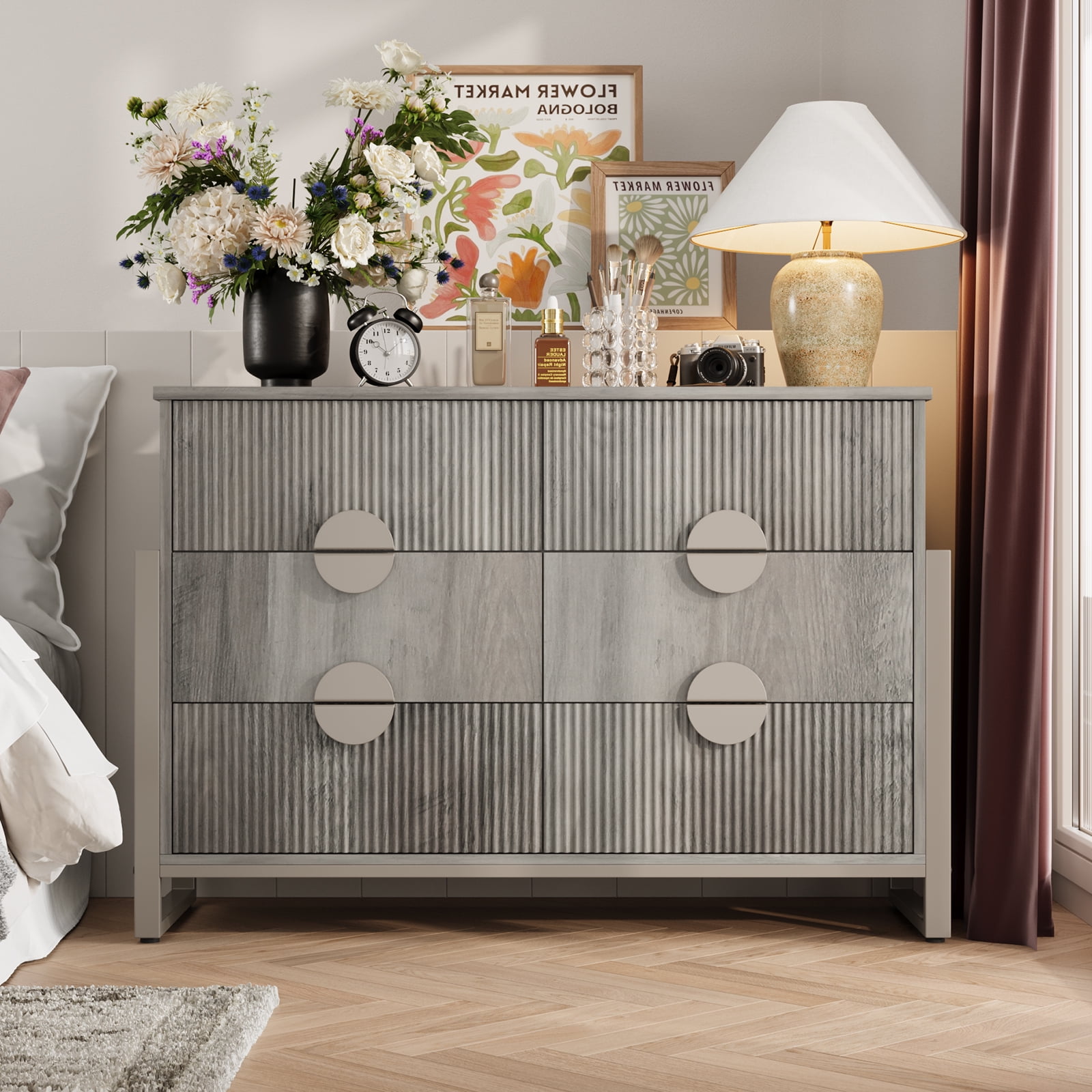 Holliwill 6 Drawer Dresser for Bedroom, Fluted Dresser Chest of Drawers for Living Room, Hallway, Gray