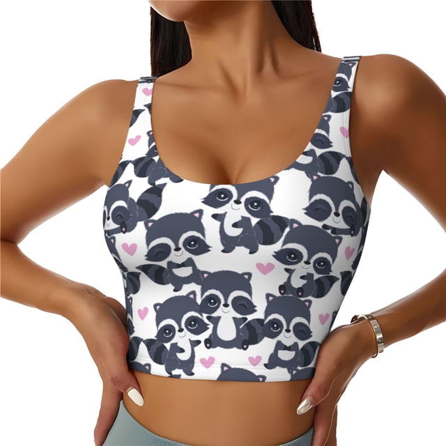 Balery Cartoon Raccoon Sujetadores deportivos con espalda cruzada para mujer, acolchados, sin costuras, de alto impacto, ideales para yoga, gimnasio, entrenamiento y fitness.-