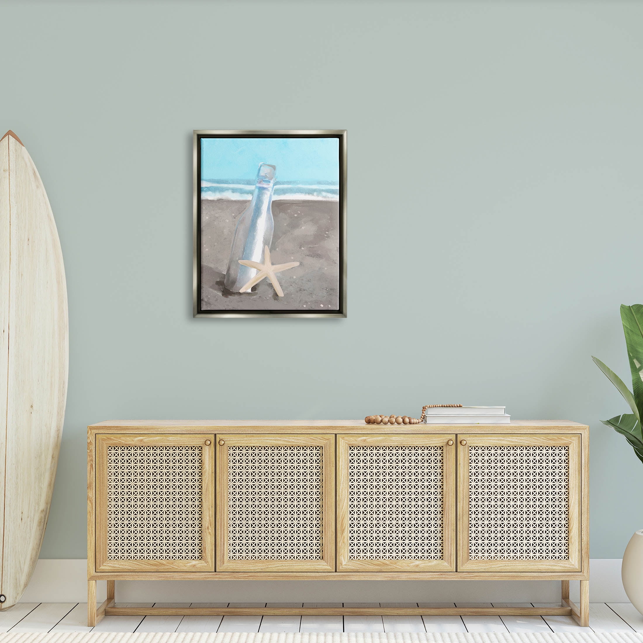 Message Bottle Beach Shore Coastal Graphic Art Luster Gray Framed Art Print Wall Art