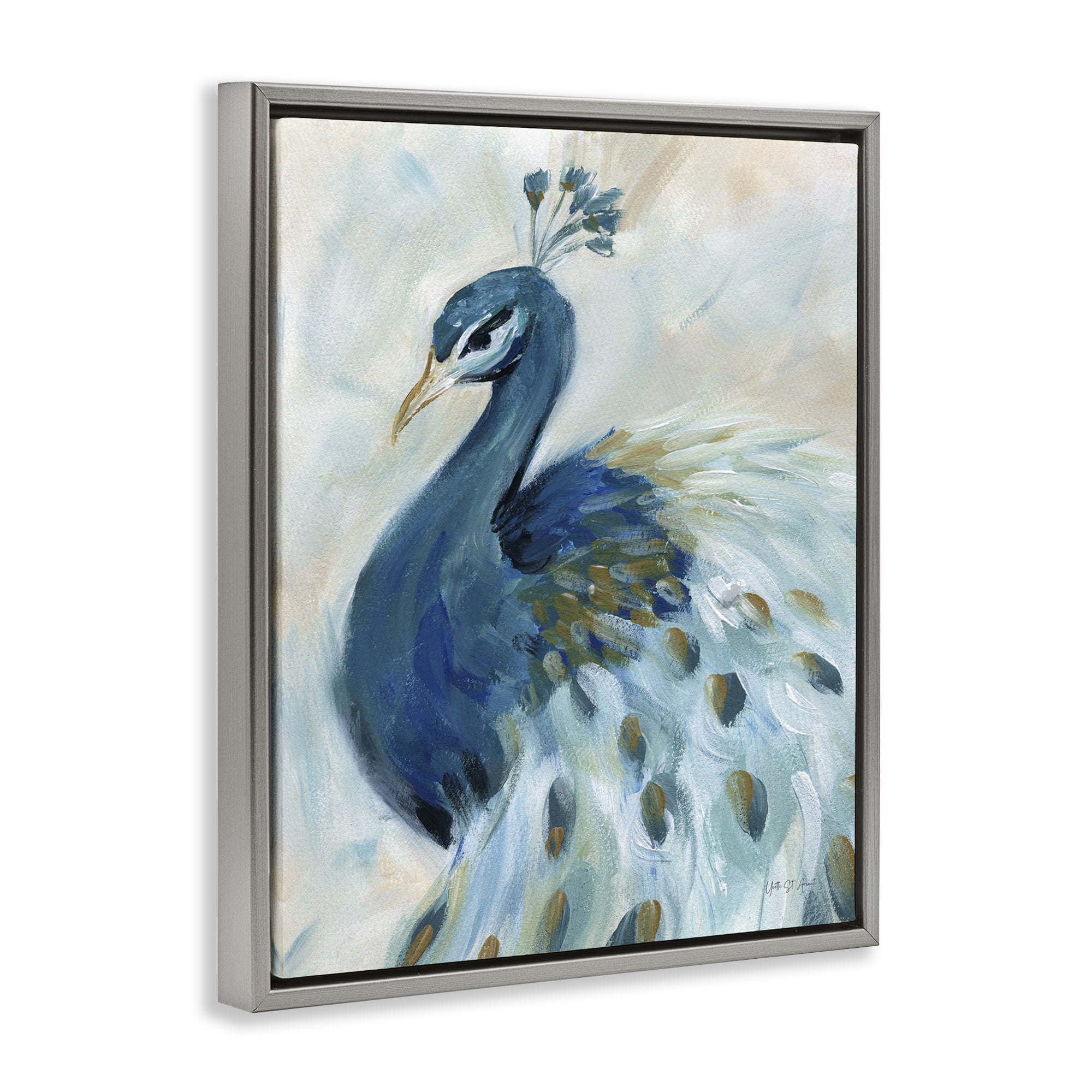 Stupell Industries Elegant Blue Peacock Animals & Insects Painting Gray Floater Framed Canvas Art Print Wall Art, 25 x 31