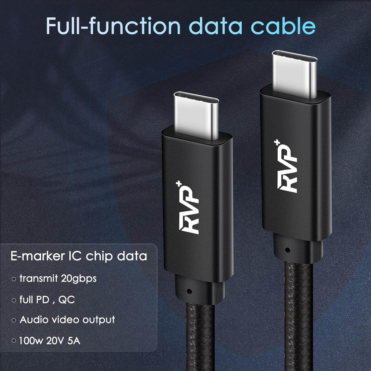 RGHJAR-USB C to USB C Cable (2Pack, 100W, 3FT), Nylon Braided 3.2 Gen 2 USB-C Cable, 20Gbps Fast Charging Cable - Black