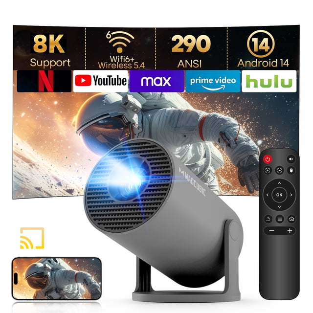 Magcubic Projector with WiFi 6 and BT 5.4, Mini Portable Projecteur with Auto Keystone, 8K Support, 290 ANSI, 180 Degree Rotation, Built-in Apps, Smart Projector for Outdoor Movie Bedroom HY300Pro