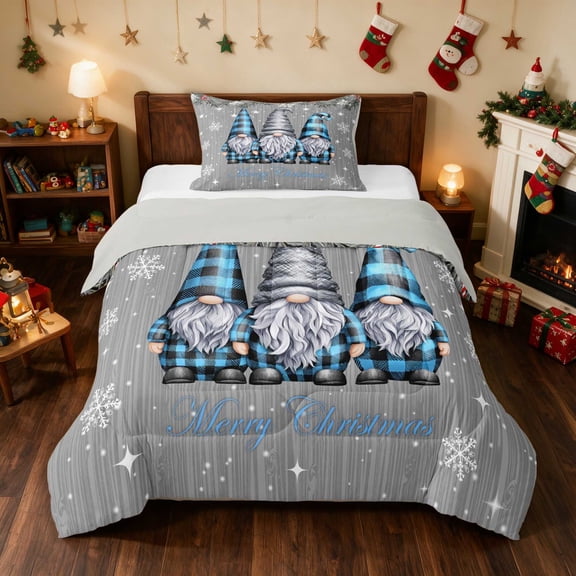 Manfei Gnome Twin Comforter Sets Nisse Bedding Set, Burgundy Gold 2 Pieces 1 Comforter and 1 Pillowcase, Gray Reversible