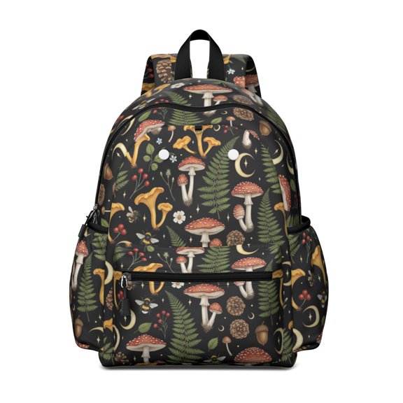 Mushroom and Cone Black Pattern Backpack for School, Cute School Bag with Adjustable Shoulder Straps and Padded Back, 13.4"x11"x4.7"
