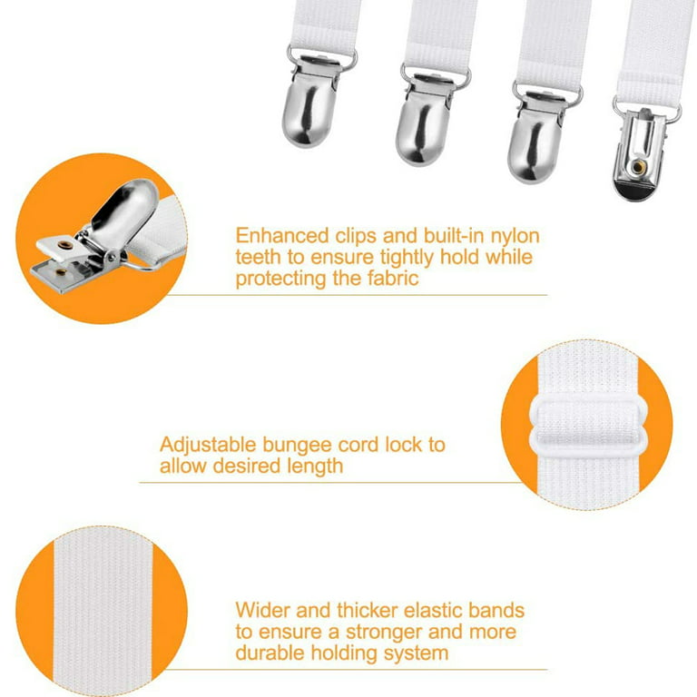 Bed Sheet Fasteners, 4pcs Adjustable Sheet Straps Heavy Duty Bed Sheet  Grippers Suspenders for Mattresses Fitted Sheets Flat Sheets, White 