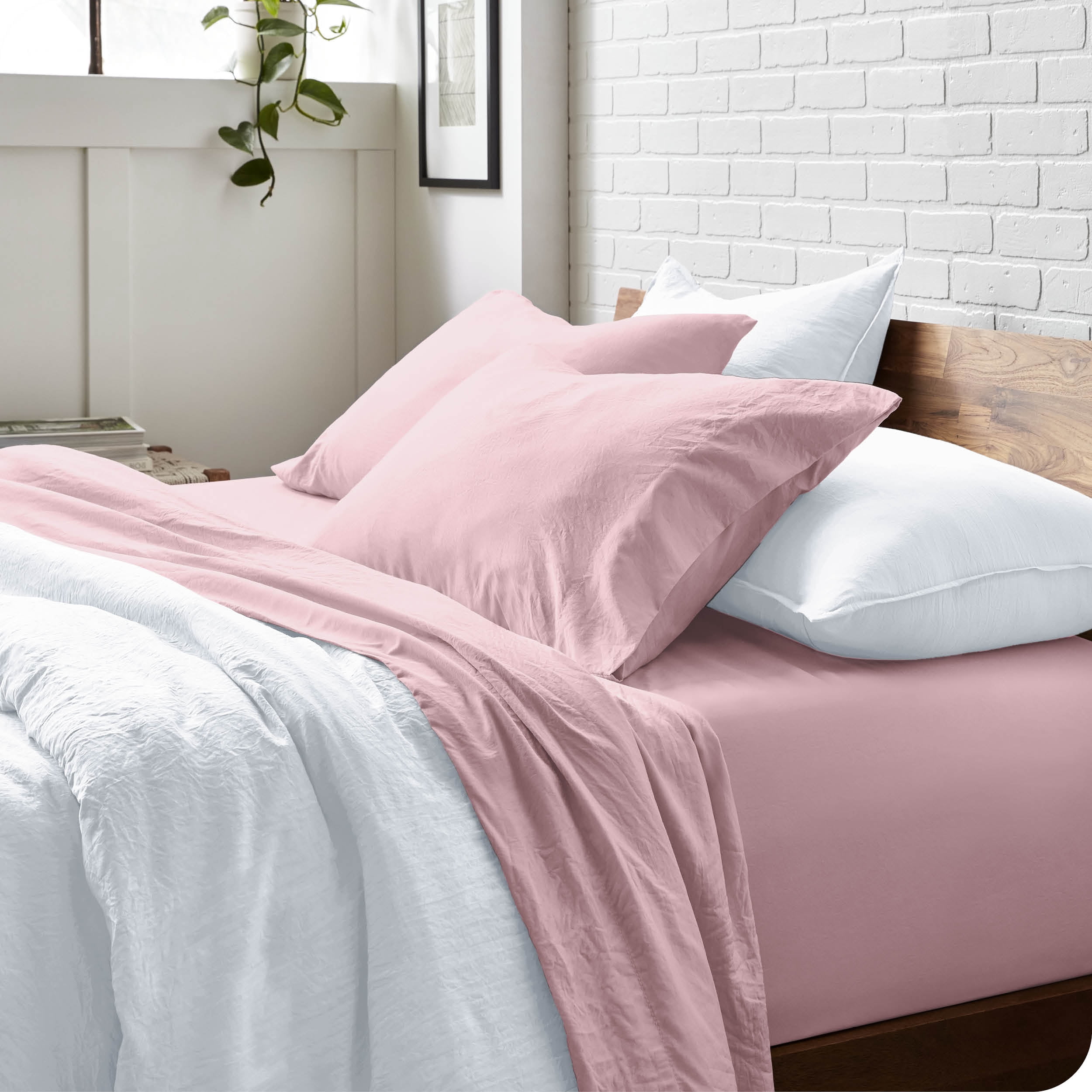 Bare Home Dusty Pink Sandwashed Microfiber Sheet Set, Wrinkle Resistant, Deep Pocket, Twin XL