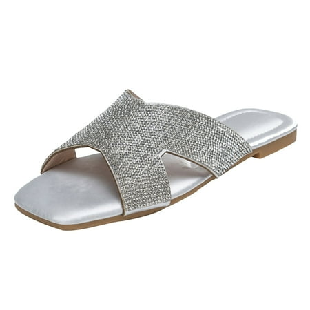 

Cathalem Fashion Flat Casual Rhinestone Hollow Out Slippers Outdoor Elegant Solid Color Plus Size Sandals Light Women Shoes Silver 42