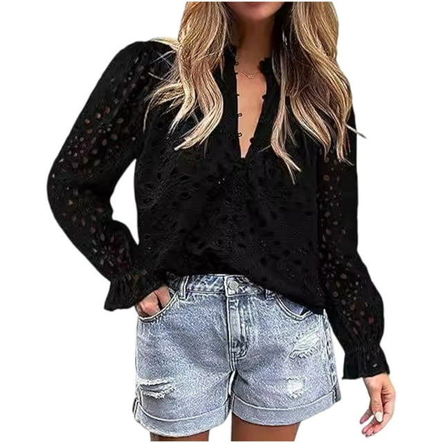 Timegard Womens Tops V Neck Button Hollow out Blouse Casual Ruffle Long Sleeve Shirts Tops Solid Color