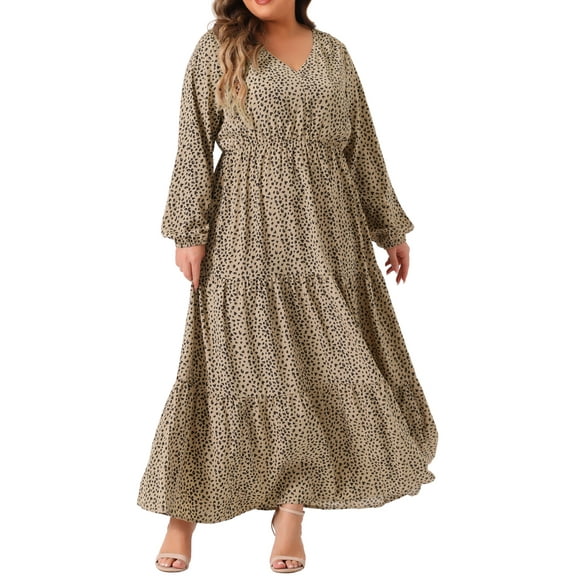 DARING DIVA Plus Size Polka Dots Long Maxi Lantern Sleeve Dress 1X Khaki