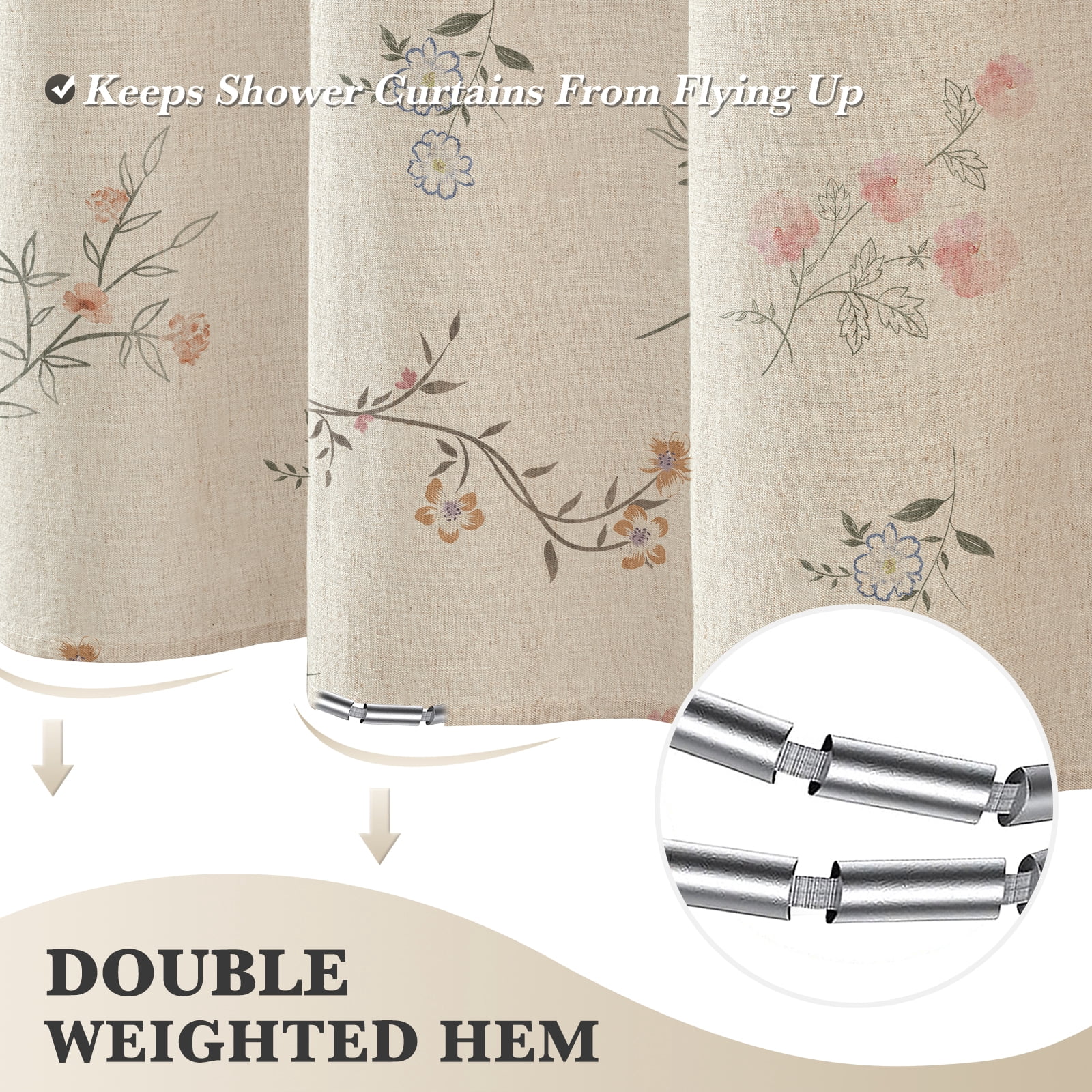 Seasonwood Floral Shower Curtain,French Country Fabric Shower Curtain for Bathroom Decor,12 Hooks,Beige,72"x72"