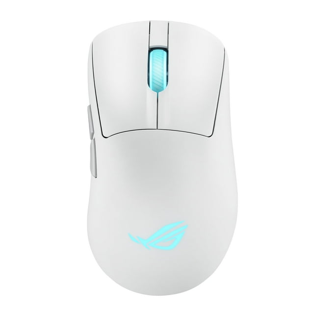 Ratón Gaming Inalámbrico ASUS ROG Keris II Origin 65g 42k DPI Blanco Moonlight, vista superior centrada del diseño ergonómico para diestros con rueda y logo ROG RGB iluminados, dos botones laterales y perfil ligero, accesorio para PC y Mac ideal para juego competitivo; suele usarse también para trabajo de precisión en edición.