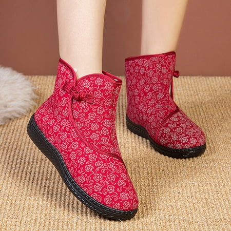 

LYCAQL Womens Shoes Toe Cotton Round Printed Boots Shoes Women s Warm Outdoor Thick Boots Velvet Snow Plus women s boots Cute Boots Women (Red 9)