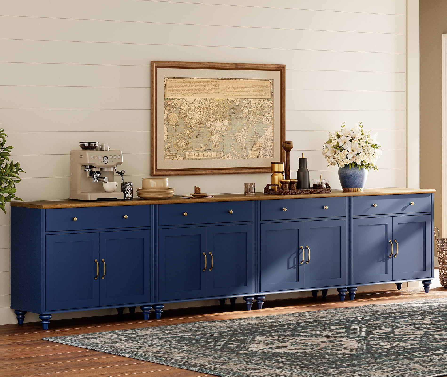 TV Stand for 100 inch TV with 8 Doors and 4 Drawers, Wood Universal TV Stands with Storage Cabinets, Entertainment Center TV Console Table for Living Room, Bedroom, Navy Blue