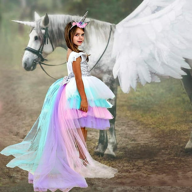 Summer Rainbow Sequin Backless Tail Unicorn Dress Girl Christmas Halloween Unicorn Birthday Party Multi layer Ruffles Tutu Dress zhangyuxiang LED Walmart en linea