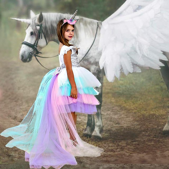 Summer Rainbow Sequin Backless Tail Unicorn Dress Girl Christmas Halloween Unicorn Birthday Party Multi-layer Ruffles Tutu Dress zhangyuxiang LED