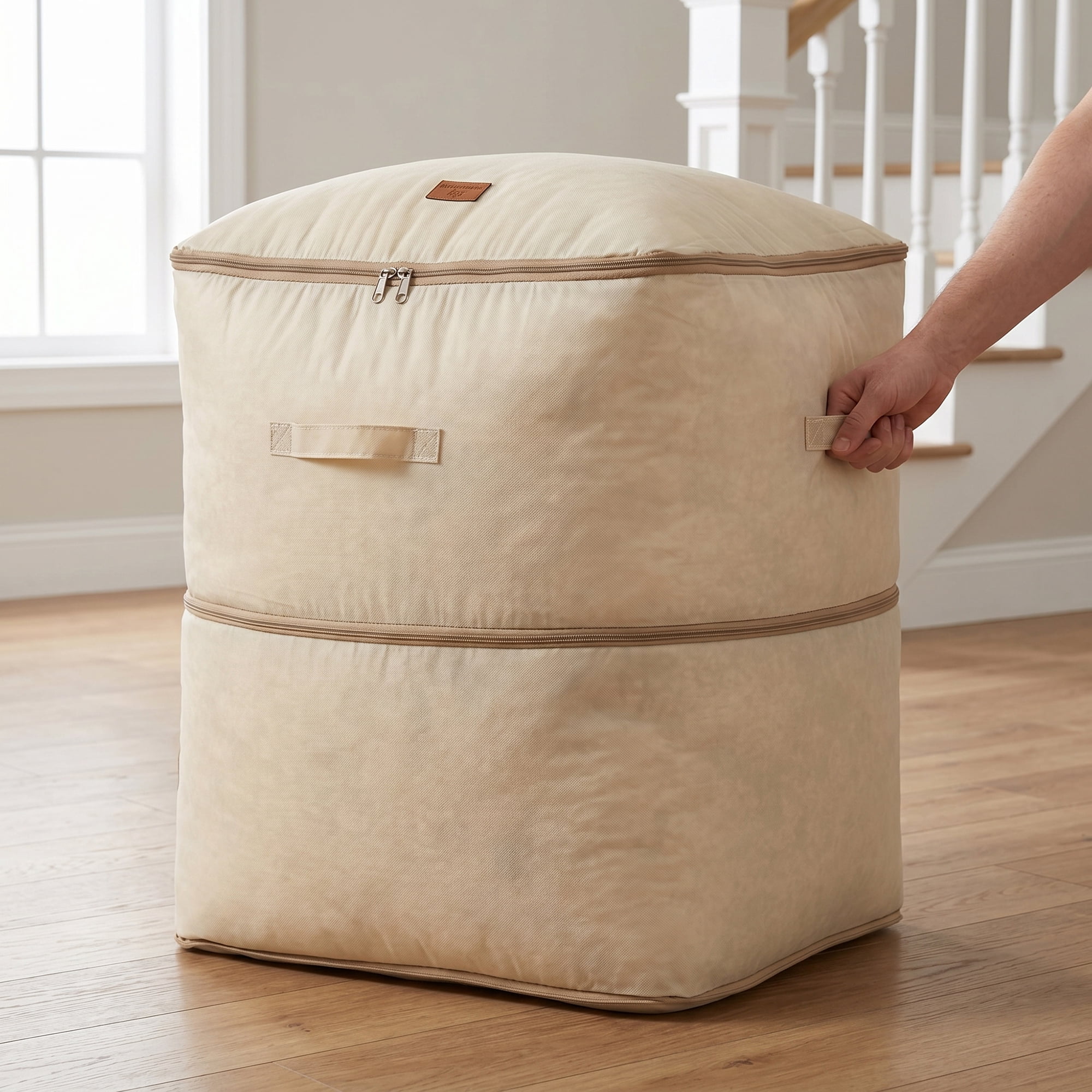 Unique Bargains Large Expandable Packing Bag with Tag Patch Design Beige 20.5"x16.5"x23.6"