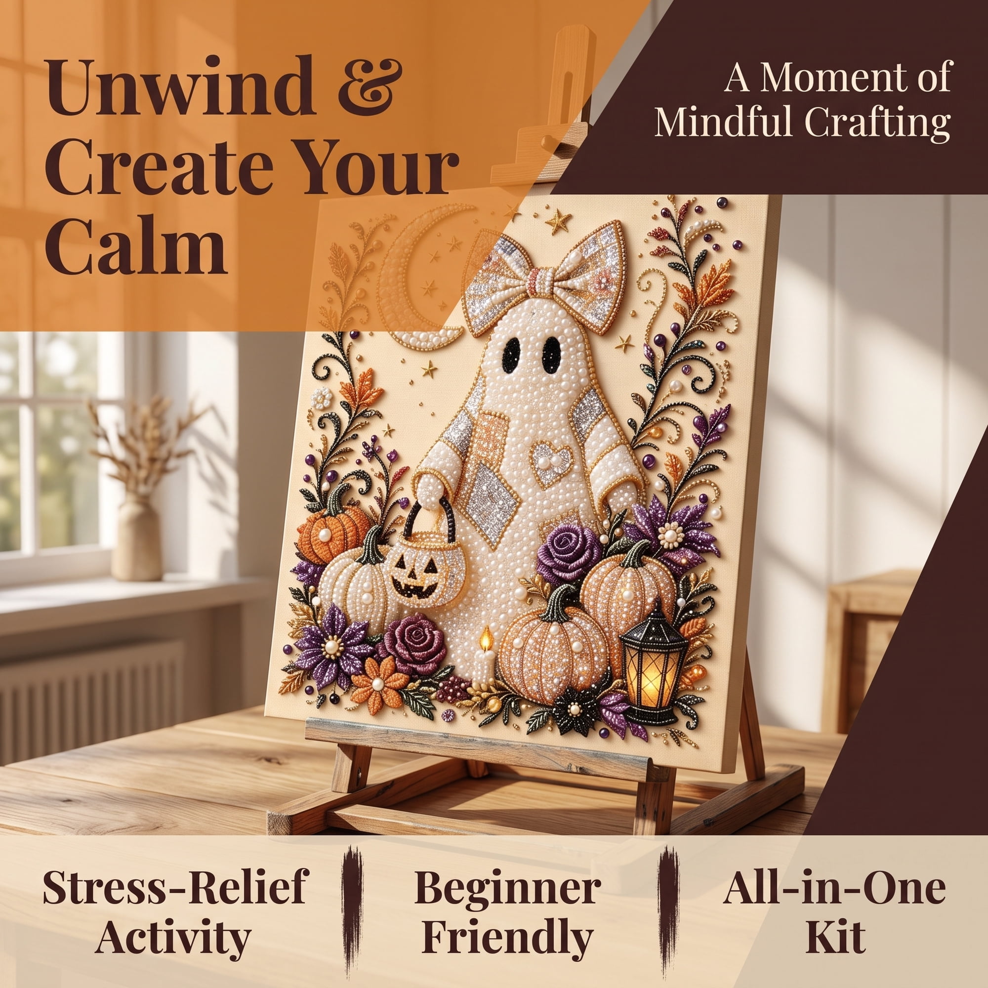 Halloween Ghost Pearl Art DIY Kit Retro Textured Ghost Diamond Art Painting Set Spooky Cute Halloween Craft Project Decorative Canvas Art for Living Room Shelf Display 1pc C