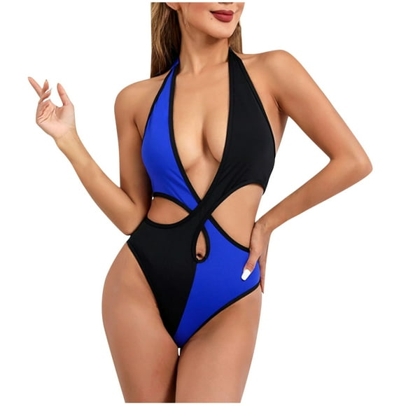 ZVAVZ Modest Swimsuits for Women,Ladies Color Block Halter Cutout Bathing Suits Cheeky One Piece Swimwear Slimming High Cut Swim Suits Dark Blue M