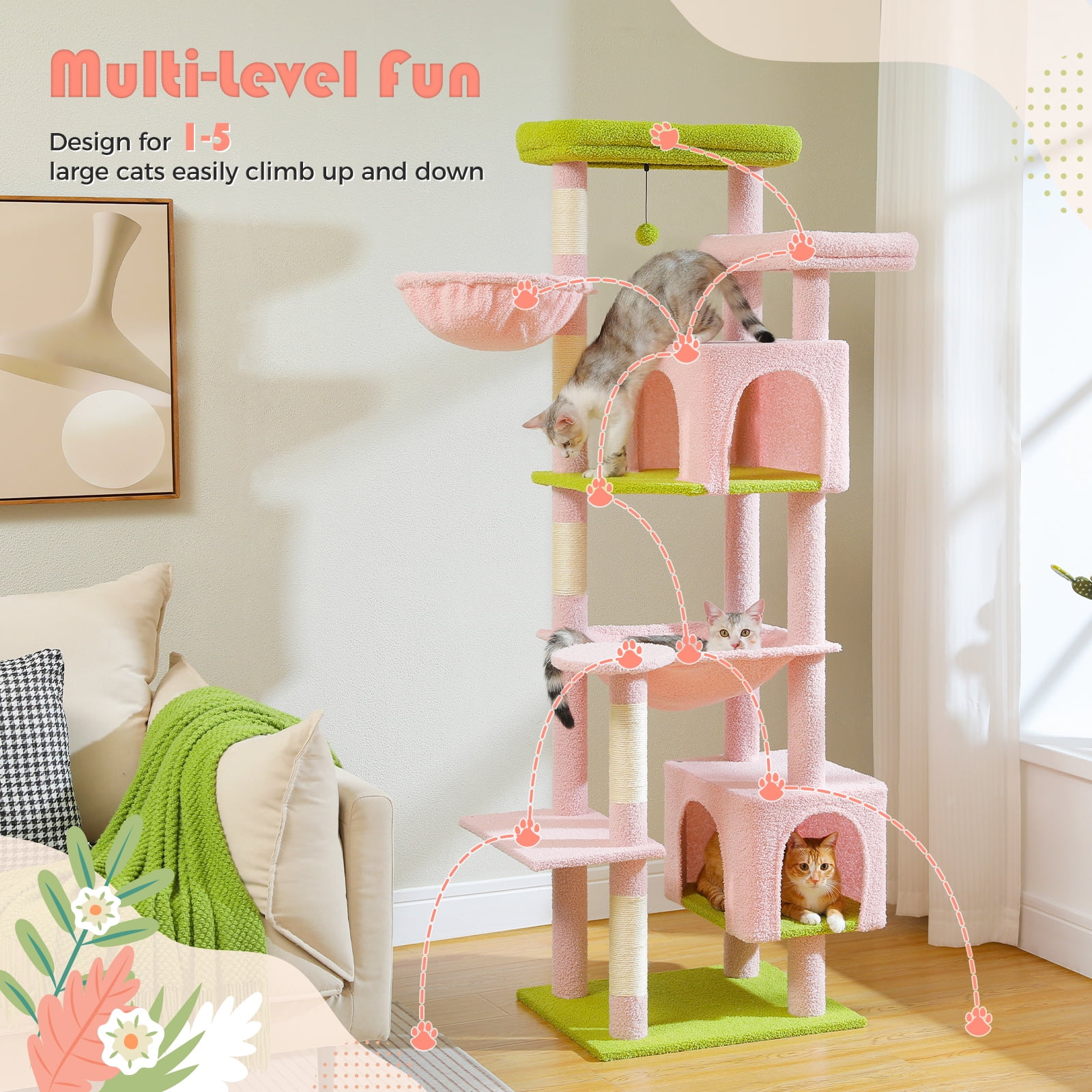 Pefilos 69" Tall Cat Tree for Indoor Large Cats with Hammock, Cat Climbing Tree Tower with Scratching Posts, Condo House and Top Perch, Pink