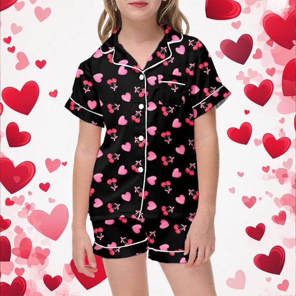 ZHOGXU Big Kids Girls Pajama Sets Short Sleeve Lapel Cute Cherry And Heart Print Top And Shorts Satin Sleepwear Comfortable Two Piece Outfits For Daily Wear Black 2-3 Years