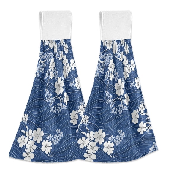 Yayeee Kitchen Hanging Hand Towels Set of 2 with Loop Bathroom Absorbent Tie Towel, Floral Ocean Waves
