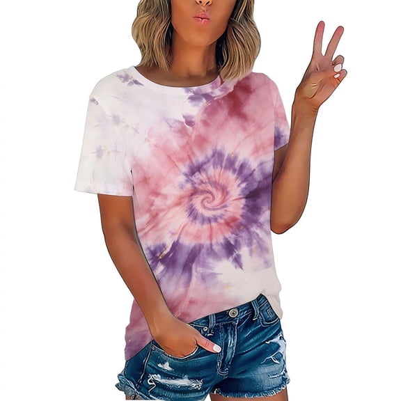 Lumosvexa Summer Womens Graphic T-Shirt for Women Casual Short Sleeved Shirt Tops Crew Neck Tie Dyeing T Shirt Pink Size S