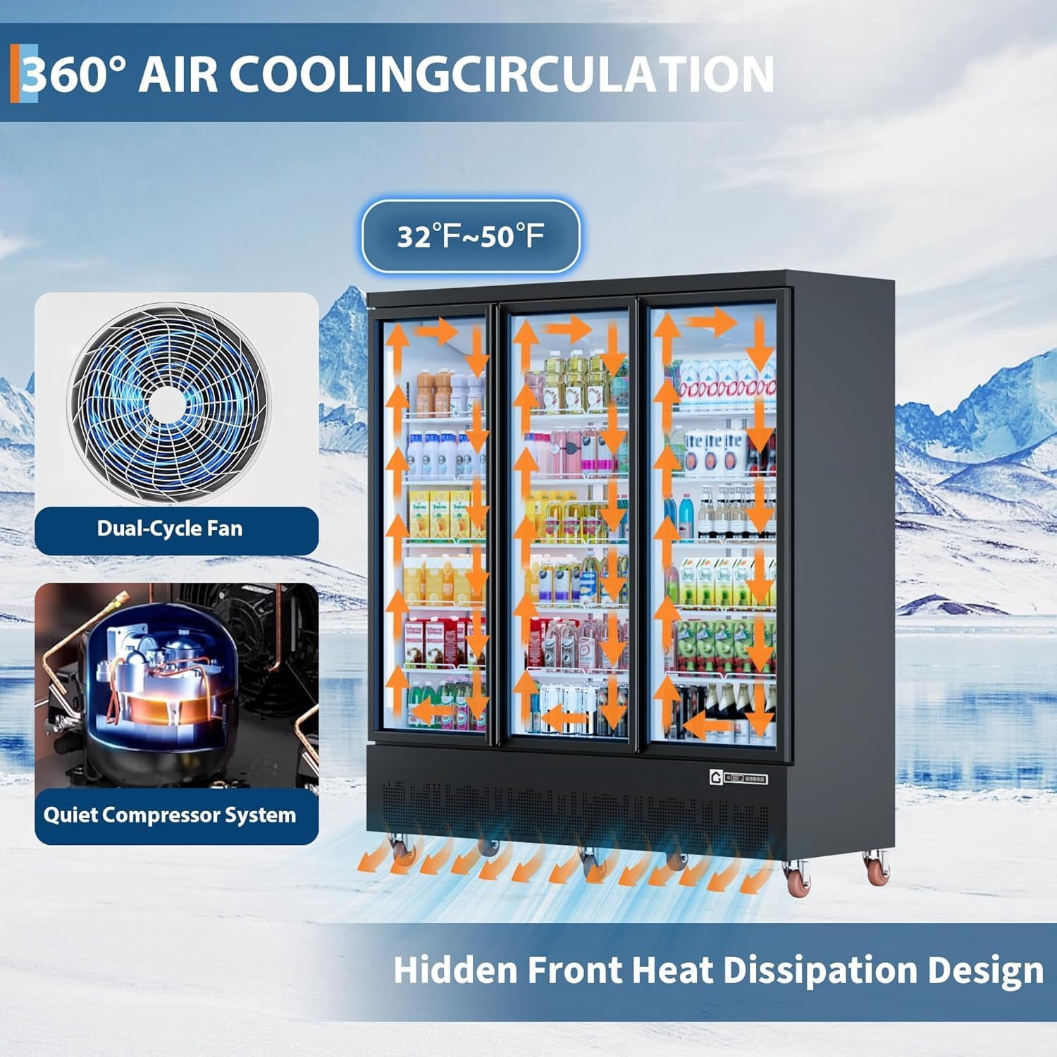 IdealHouse 56.6 Cu.Ft. Commercial Beverage Refrigerator - 3 Glass Door Merchandiser Cooler with LED Lighting, Adjustable Shelves | Upright Drink Display Fridge for Restaurants, Stores, Supermarkets