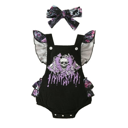

Baby Girl Halloween Clothes Skeleton Skull Romper Flutter Sleeve Tiered Ruffled Overalls Bodysuit Jumpsuit One Piece Bodysuit