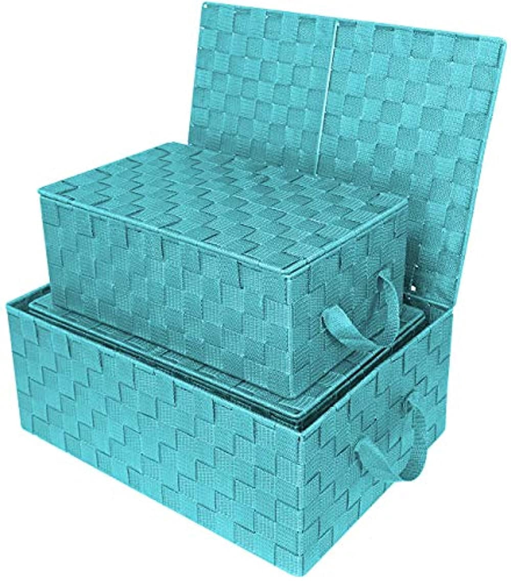 Sorbus Storage Box Woven Basket Bin Container Tote Cube Organizer Set Stackable Storage Basket Woven Strap Shelf Organizer Built-in Carry Handles (Woven Lid Baskets - Aqua)